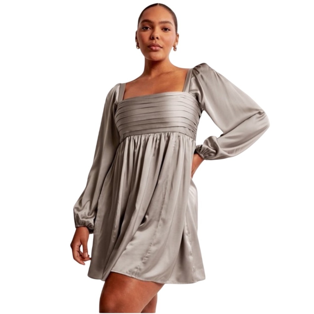 Abercrombie‎ & Fitch Emerson Satin Long Sleeve Mini Dress Taupe XS Pockets